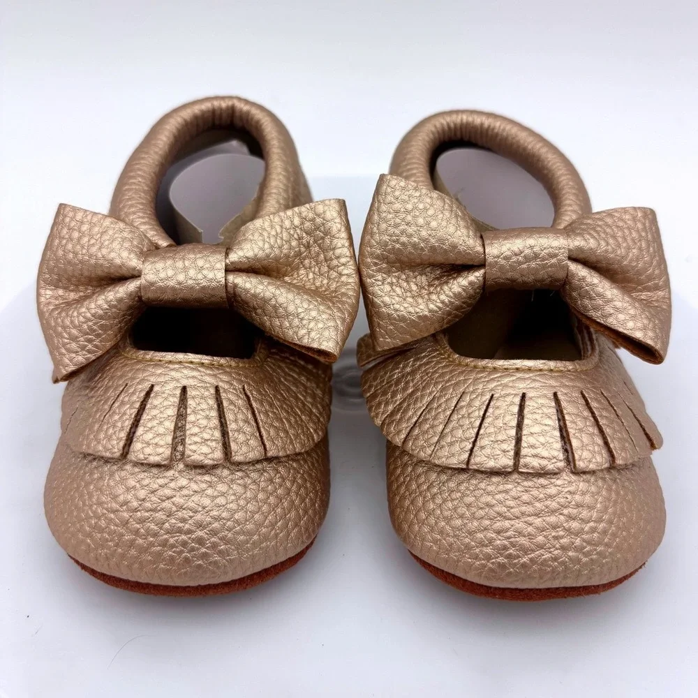 NEW Gold Baby Moccasin Shoe Bow Mary Jane Metallic Baby Soft Sole 0-6 Months